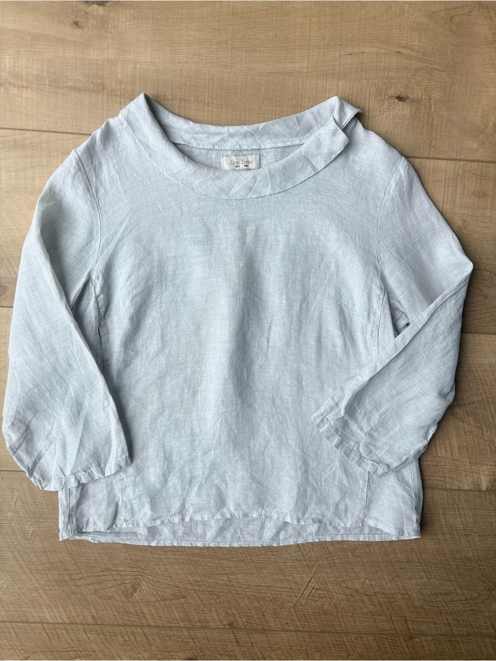 Lina Tomei 100% Linen Coastal Fold Collar Top. Made in Italy. Light Gray. Small - Picture 2 of 12